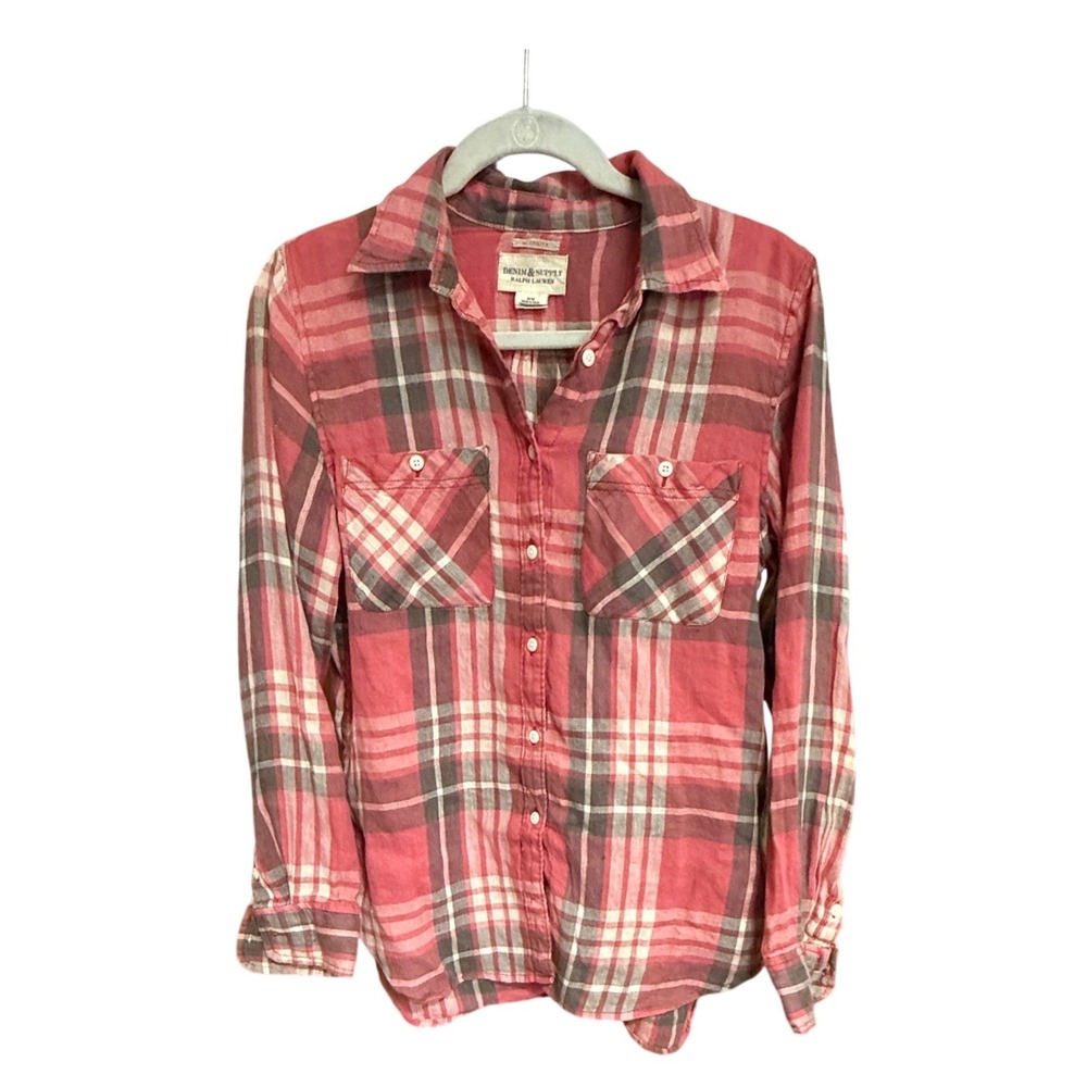 Denim & Supply Ralph Lauren Shirt Plaid Linen Cotton M Pink Excellent Utility